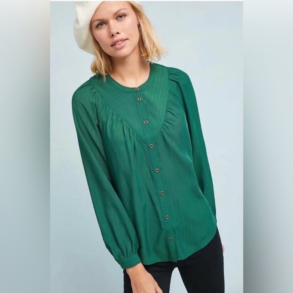Anthropologie Maeve Avignon Buttondown Blouse Emerald Green Size XS